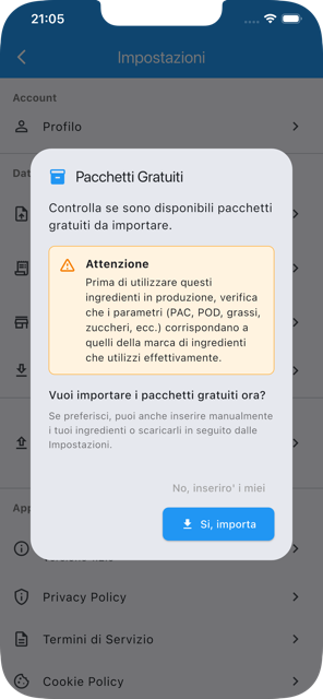 Schermata pacchetti ingredienti