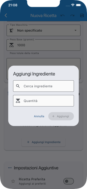 Ricerca e aggiunta ingrediente nella ricetta