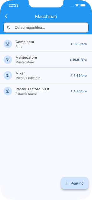 Lista macchinari con costo orario calcolato