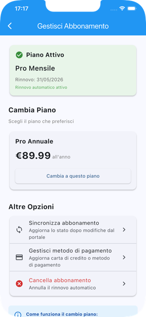 Schermata paywall con confronto piani e prezzi